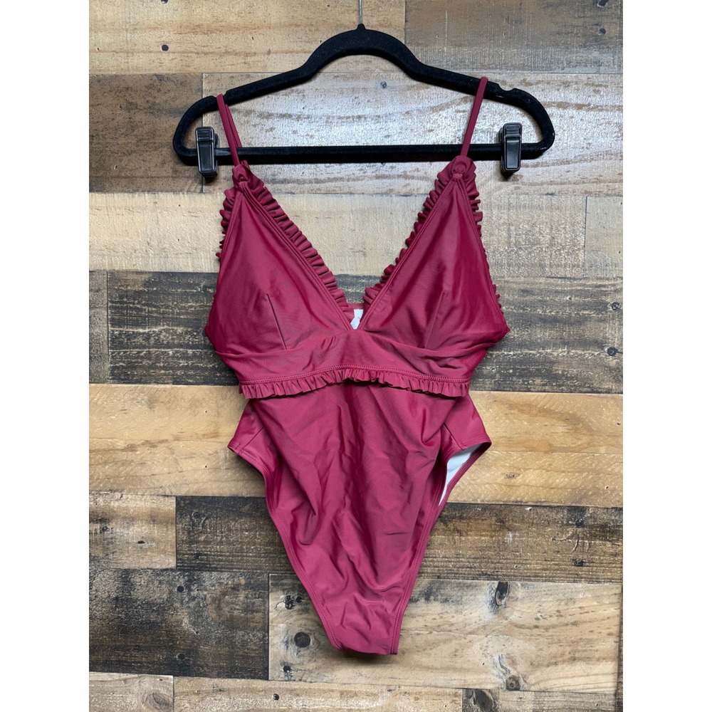 Cupshe Burgundy Ruffle V-Neck One Piece Swimsuit Size XL NWT High Cut Maroon